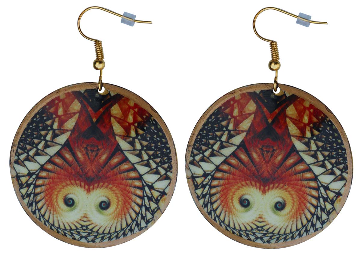 2.5” Pair of Round Hook Earrings in Brass - Orange Black Abstract Pattern - Drop Earrings / Women Fashion Jewelry - Buy in Bulk Wholesale